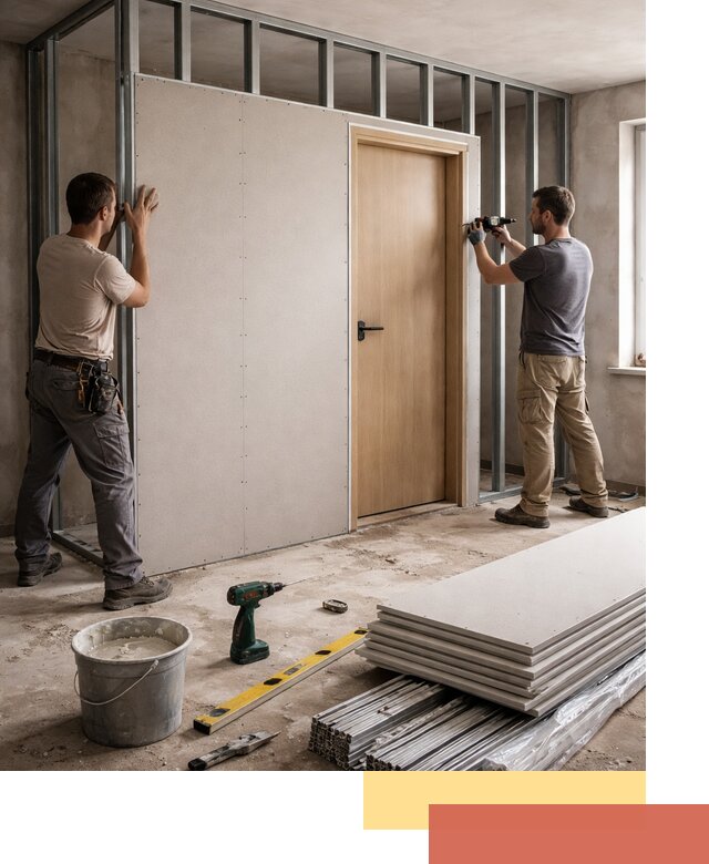 Перегородка из гипсокартона с дверью под ключ в Надыме