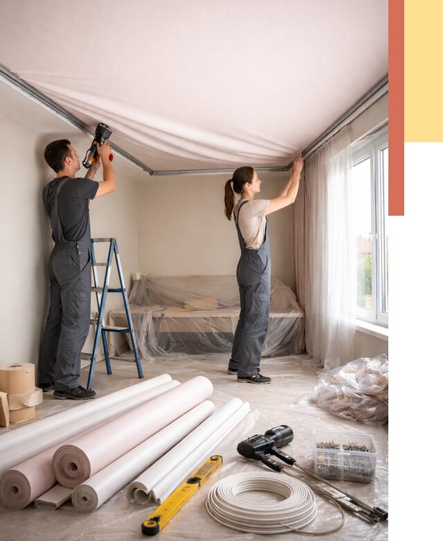 Монтаж цветного натяжного потолка в Надыме от 4359 руб/м² — быстро и недорого | ОТДЕЛОЧНИК-Ндм