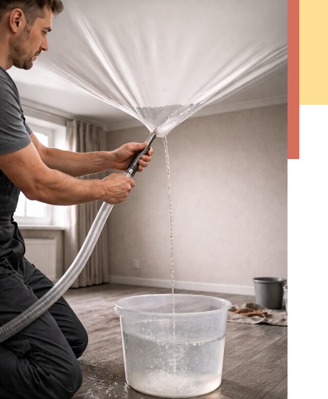 Слив воды с натяжного потолка в Надыме от 2595 руб. быстро и недорого | ОТДЕЛОЧНИК-Ндм